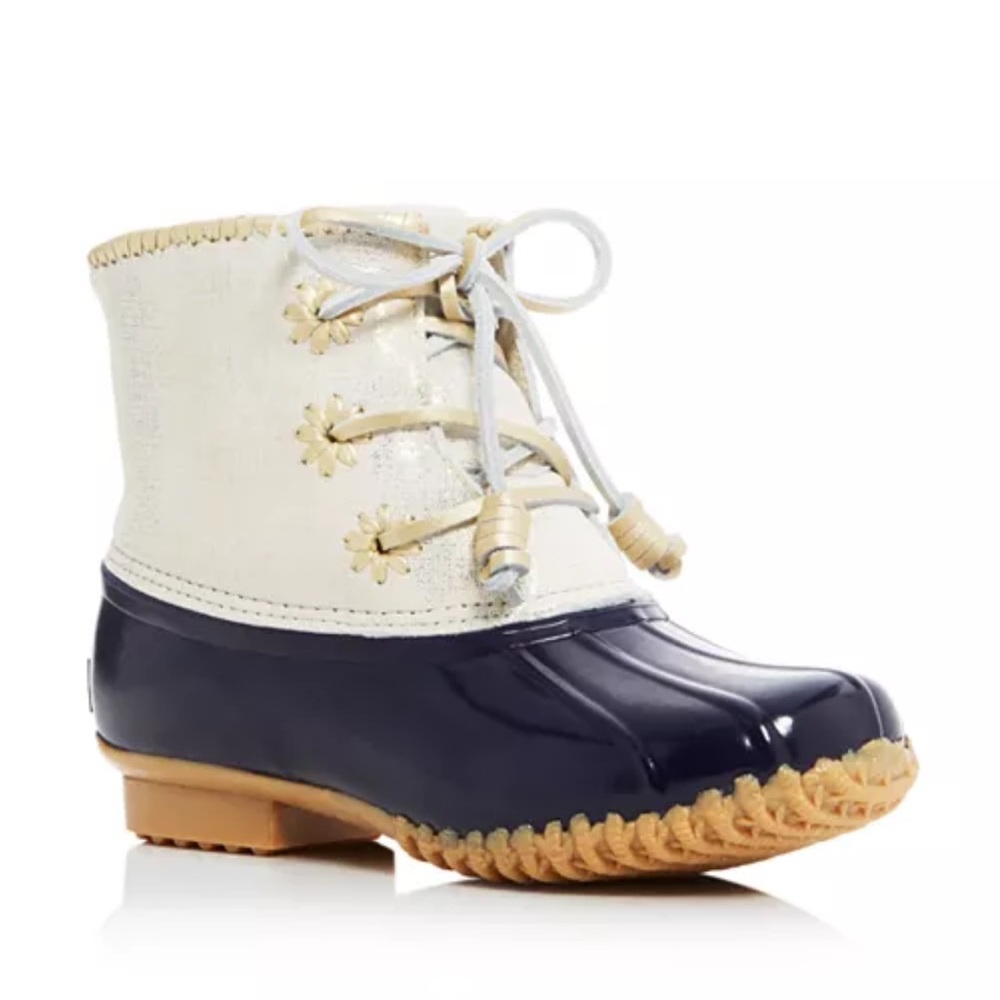 Jack Rogers Duck Boots Navy Blue & Gold Metallic Leather Laces Womens Size 7